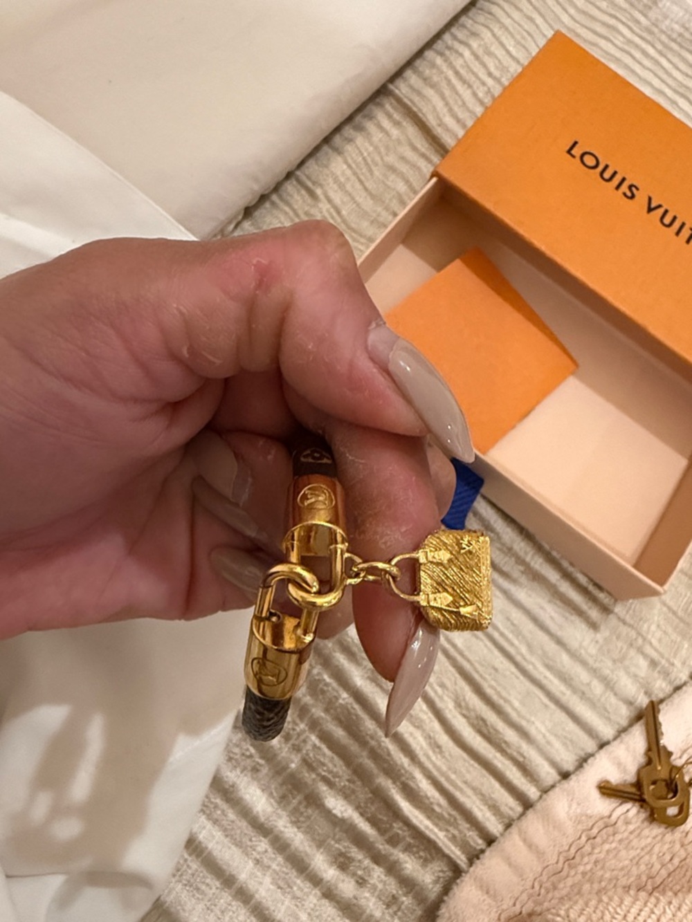 Louis Vuitton Brown Monogram Leather Bracelet with Gold Charm - Picture 2 of 2